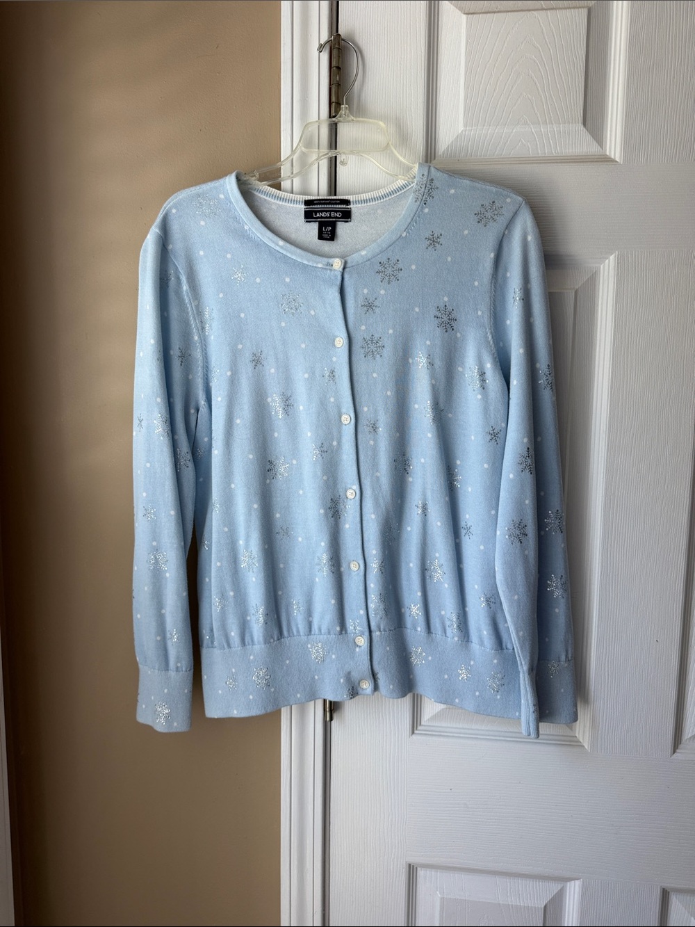 Lands' End Pale Blue Snowflake Cardigan